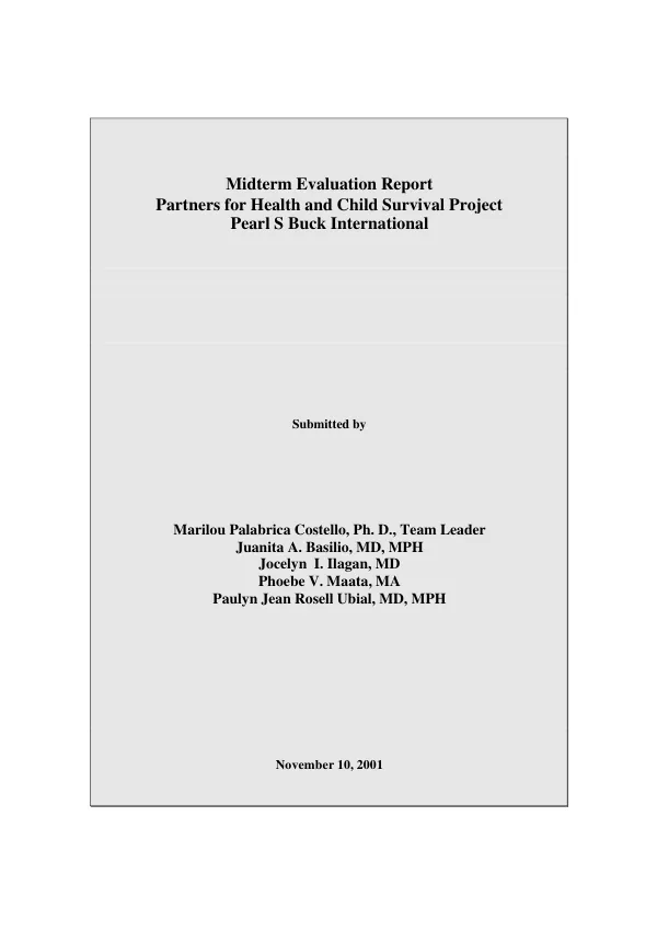 Midterm evaluation report : partners for health and child survival project -- Pearl S. Buck International