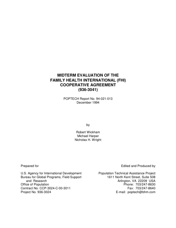 Midterm evaluation of the Family Health International (FHI) cooperative agreement (936-3041)
