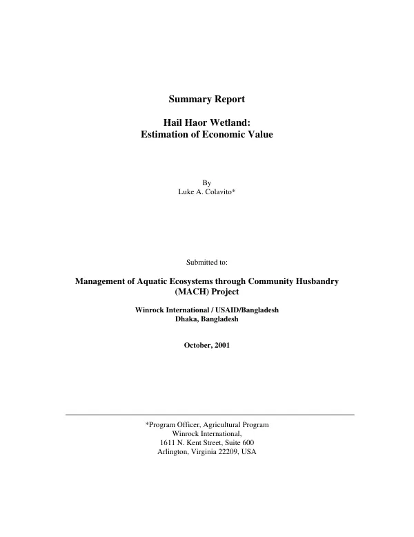 Summary report : Hail Haor wetland -- estimation of economic value