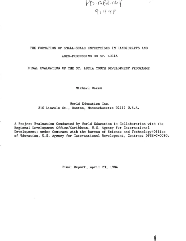 Formation of small-scale enterprises in handicrafts and agro-processing on St. Lucia : final evaluation of the St. Lucia youth development programme