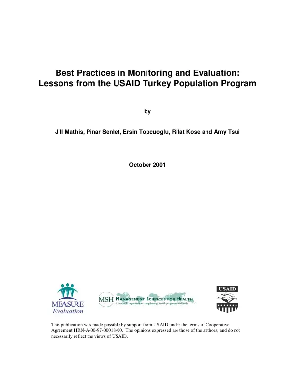Best practices in monitoring and evaluation : lessons from the USAID Turkey population program