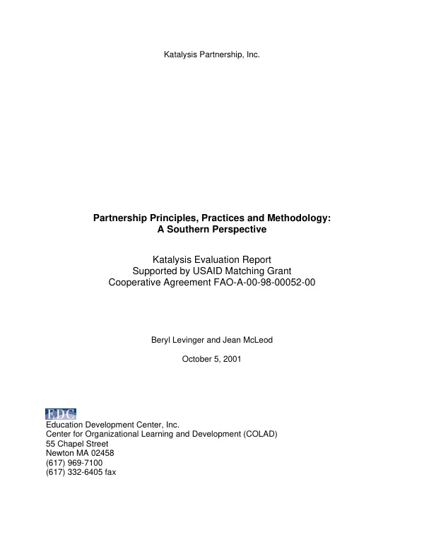 Partnership principles, practices and methodology : a southern perspective -- Katalysis evaluation report