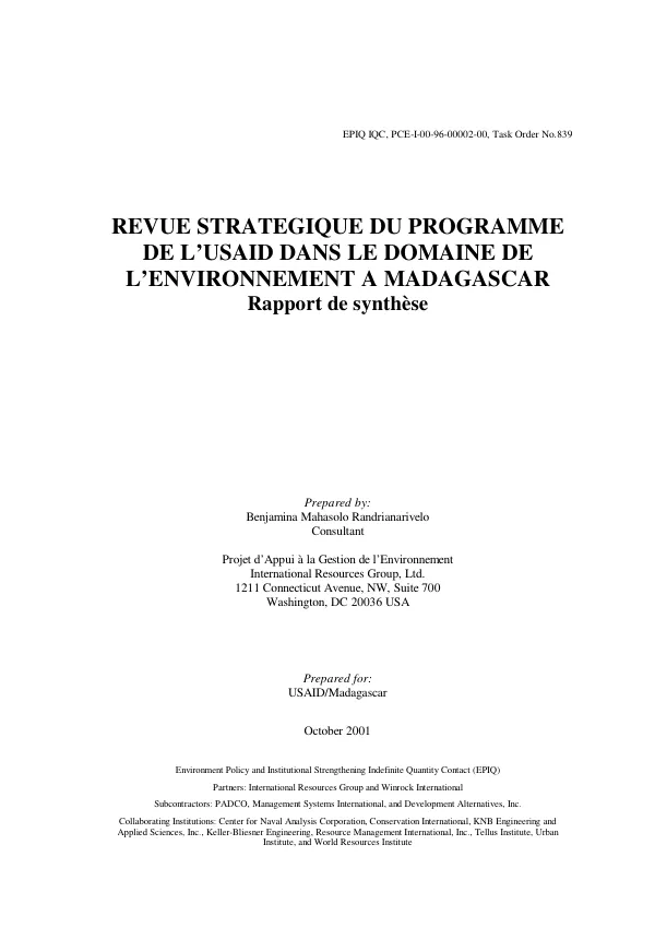 Revue strategique du programme de l"USAID dans le domaine de l"environnement a Madagascar : rapport de synthese