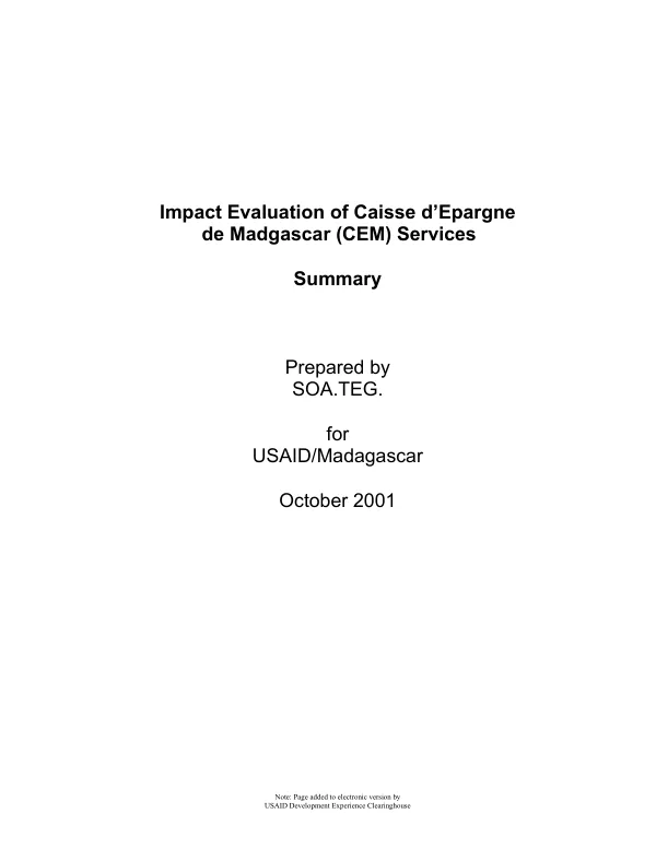 Impact evaluation of Caisse d"Epargne de Madagascar (CEM) services : summary [report]