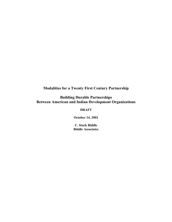 Modalities for a twenty first century partnership : building durable partnerships between American and Indian development organizations