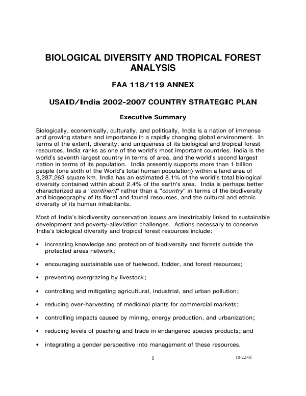 Biological diversity and tropical forest analysis : FAA 118/119 annex -- USAID/India 2002-2007 country strategic plan