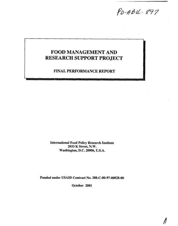 Food management and research support project : final performance report