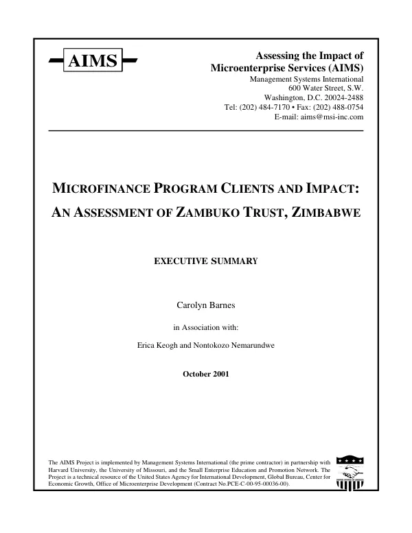 Microfinance program clients and impact : an assessment of Zambuko Trust, Zimbabwe -- executive summary