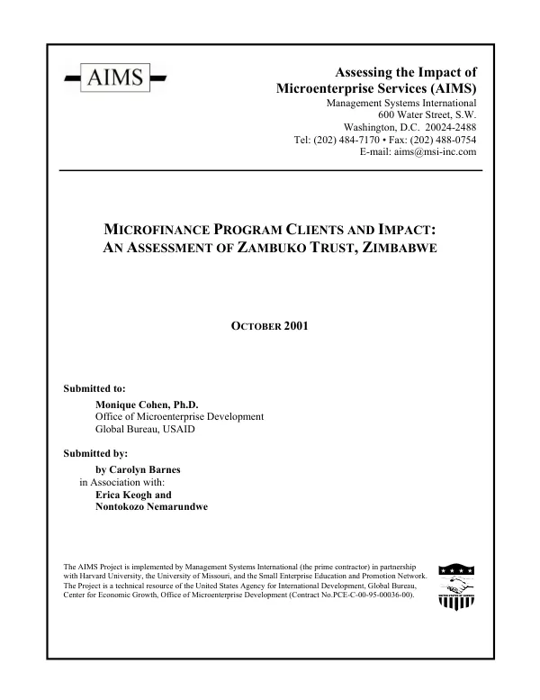 Microfinance program clients and impact : an assessment of Zambuko Trust, Zimbabwe