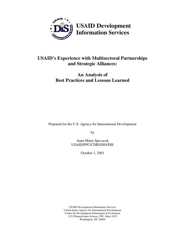 USAID"s experience with multisectoral partnerships and strategic alliances : an analysis of best practices and lessons learned