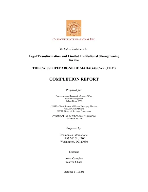 Technical assistance in legal transformation and limited institutional strengthening for the Caisse d"Epargne de Madagascar (CEM) : completion report