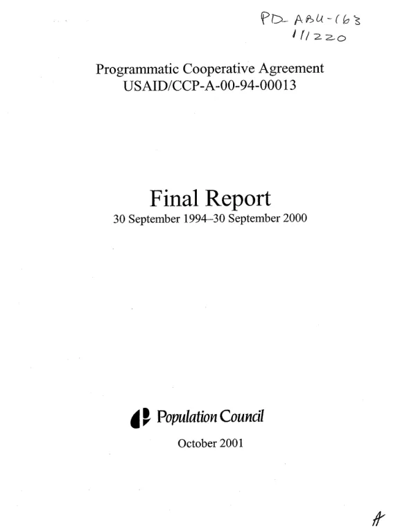 Programmatic cooperative agreement USAID/CCP-A-00-94-00013[-00] : final report -- 30 September 1994-30 September 2000
