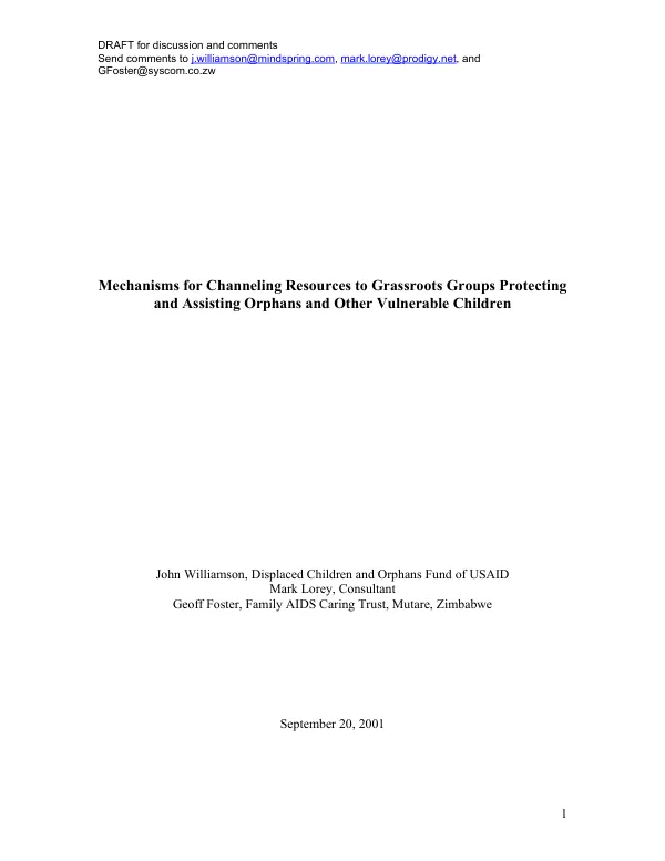 Mechanisms for channeling resources to grassroots groups protecting and assisting orphans and other vulnerable children [draft]