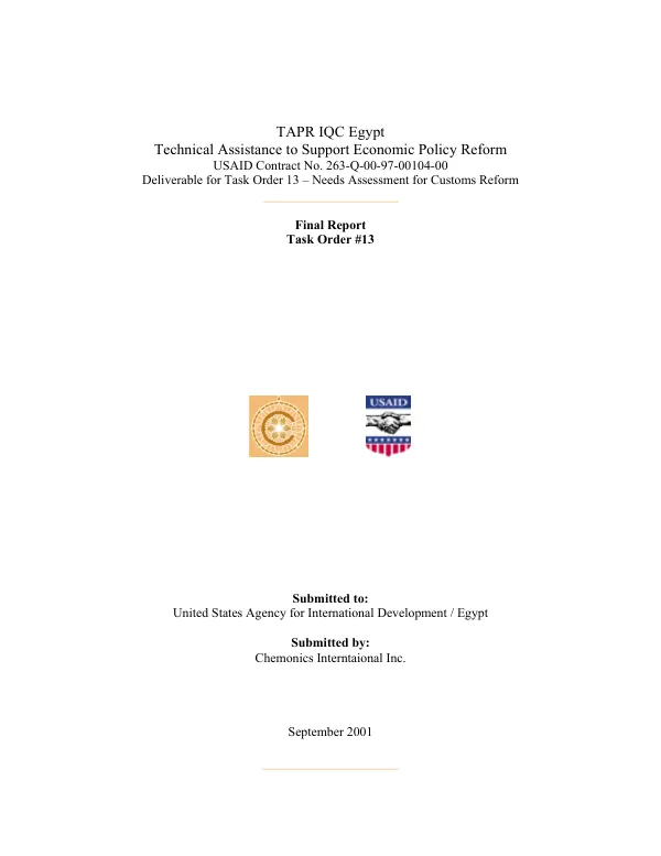 Final report : task order #13 -- needs assessment for customs reform