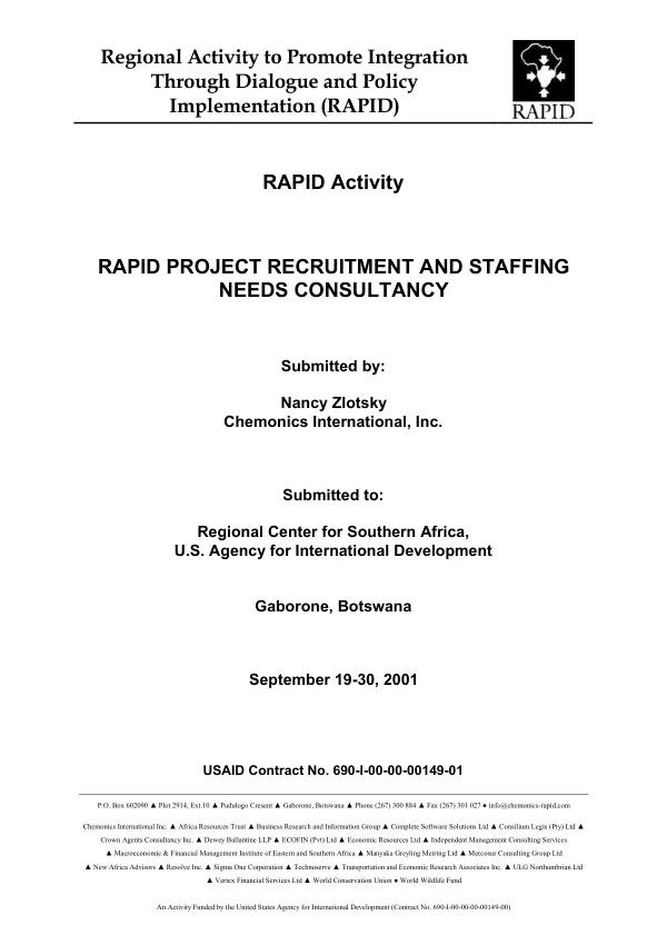 RAPID (regional activity to promote integration through dialogue and policy implementation) project recruitment and staffing needs consultancy
