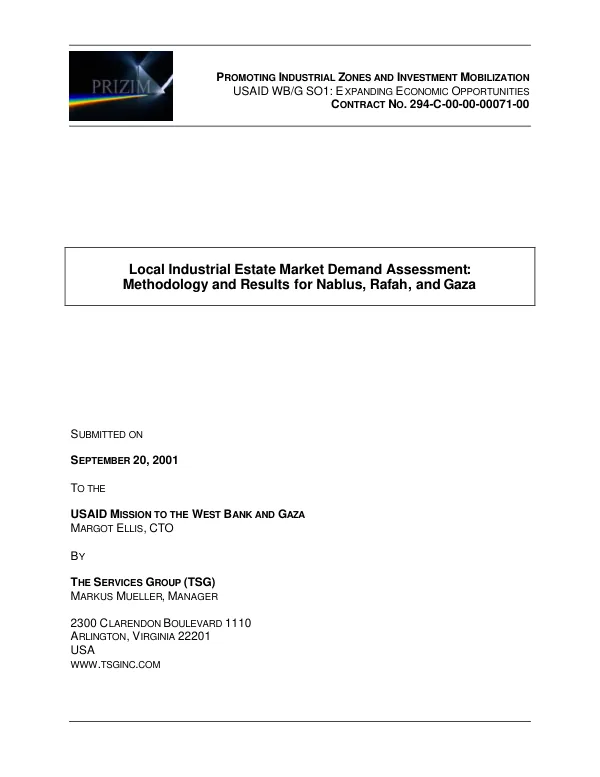 Local industrial estate market demand assessment methodology and results for Nablus, Rafah, and Gaza
