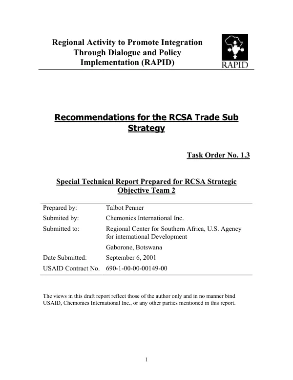Recommendations for the RCSA [Regional Center for Southern Africa] trade sub-strategy