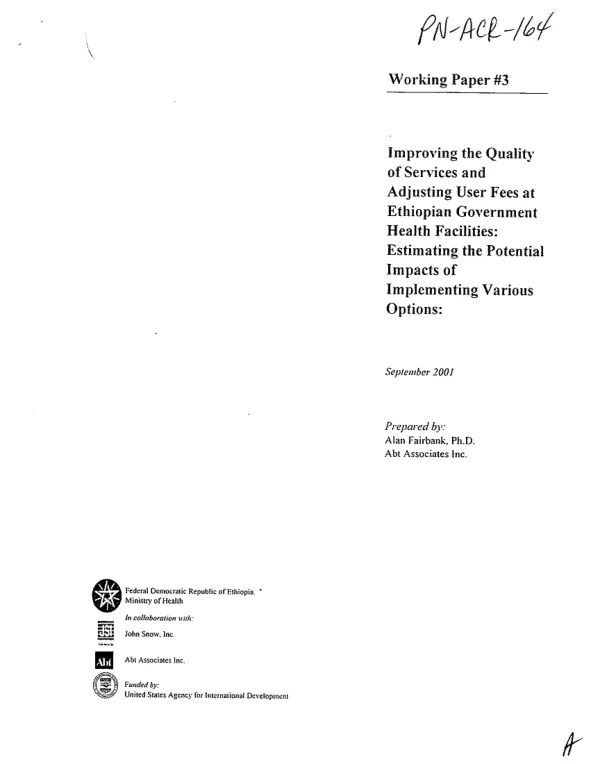 Improving the quality of services and adjusting user fees at Ethiopian Government health facilities : estimating the potential impacts of implementing various options