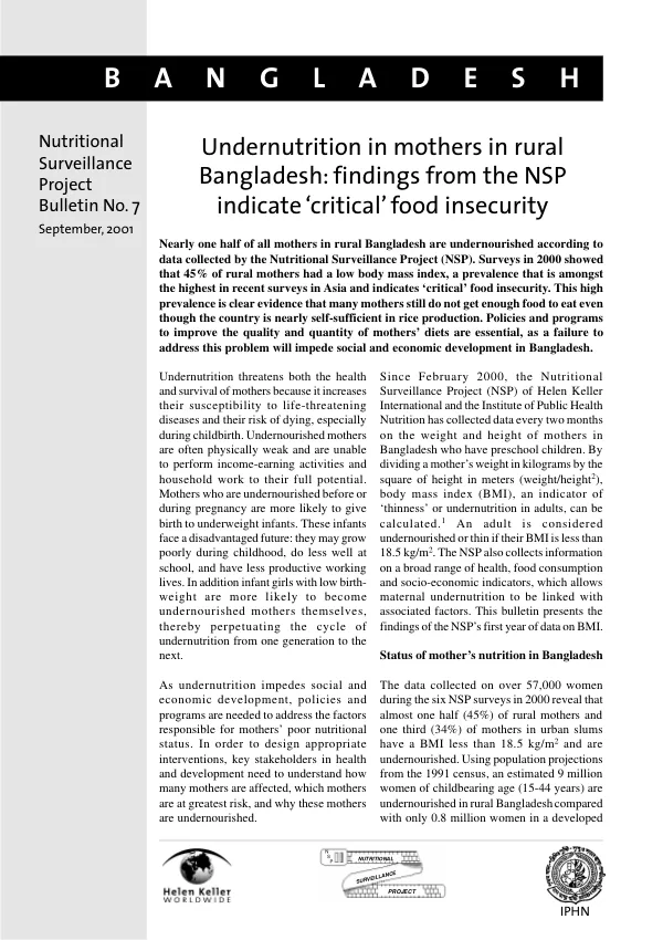 Undernutrition in mothers in rural Bangladesh : findings from the NSP [nutritional surveillance project] indicate "critical" food insecurity
