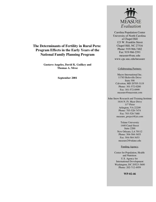 The determinants of fertility in rural Peru : program effects in the early years of the national family planning program