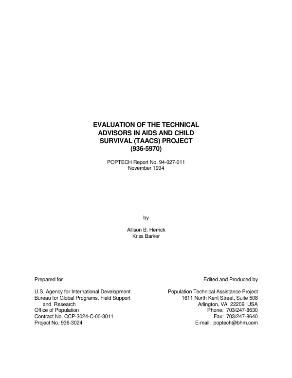 Evaluation of the technical advisors in AIDS and child survival (TAACS) project (936-5970)