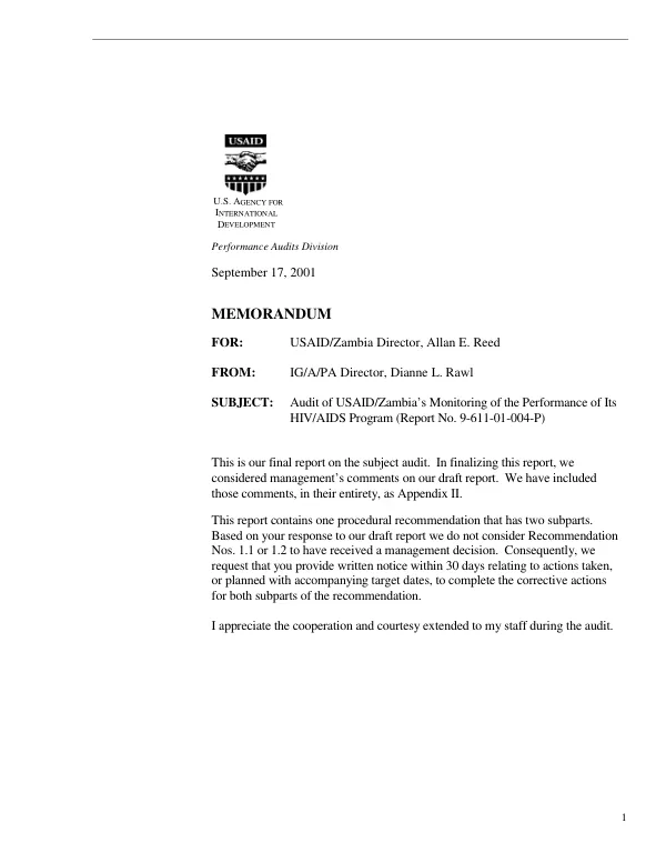 Audit of USAID/Zambia"s monitoring of the performance of its HIV/AIDS program