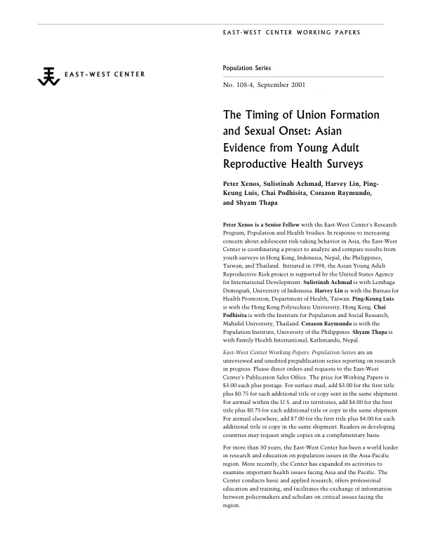 Timing of union formation and sexual onset : Asian evidence from young adult reproductive health surveys