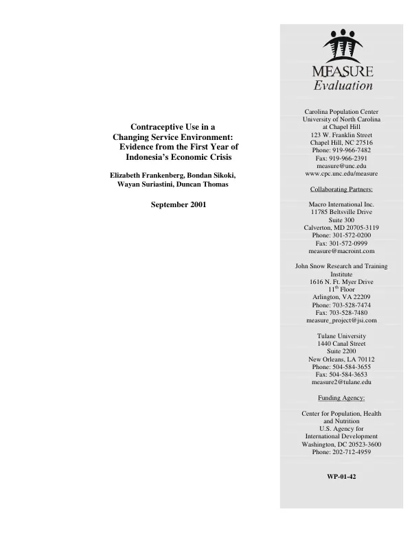 Contraceptive use in a changing service environment : evidence from the first year of Indonesia"s economic crisis