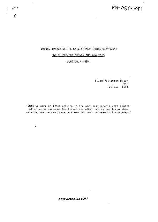 Social impact of the lake farmer training project : end-of-project survey and analysis, June/July 1990