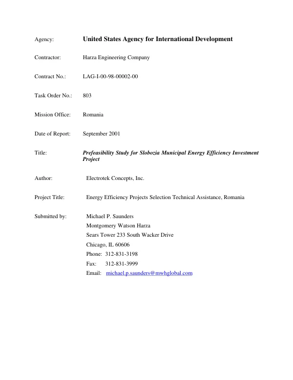 Pre-feasibility study for Slobozia[, Romania] municipal energy efficiency investment project