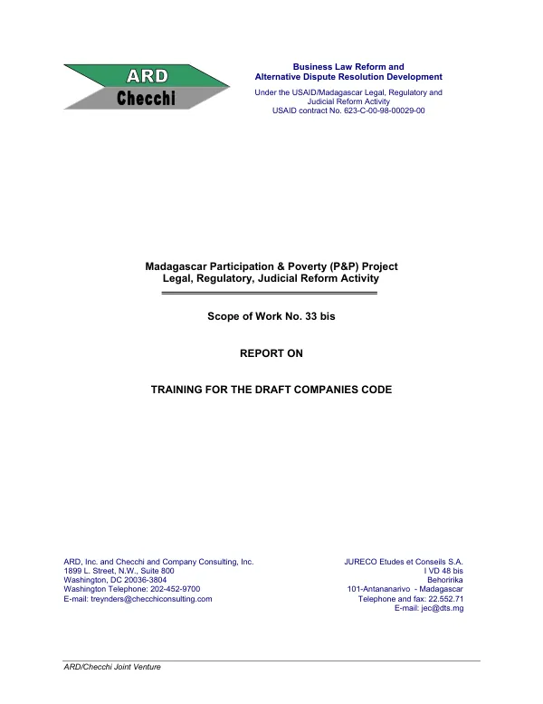 Madagascar participation & poverty (P&P) project : legal, regulatory, judicial reform activity -- scope of work no. 33 bis : report on training for the draft companies code