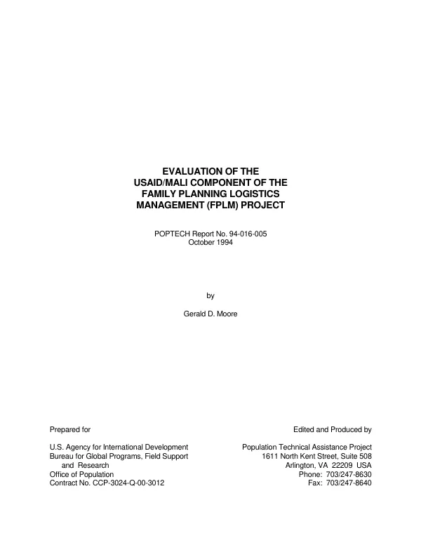 Evaluation of the USAID/Mali component of the family planning logistics management (FPLM) project