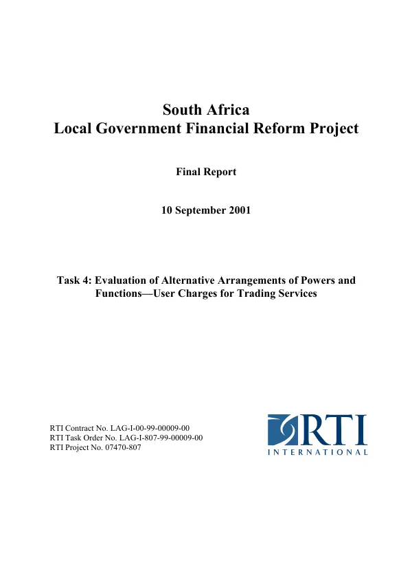South Africa local government financial reform project : final report -- task 4 : evaluation of alternative arrangements of powers and functions -- user charges for trading services