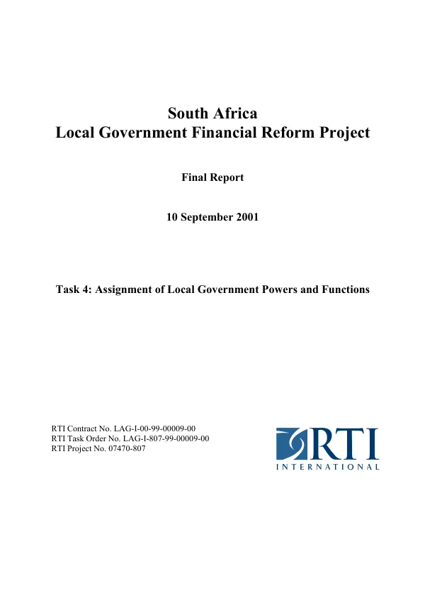 South Africa local government financial reform project : final report -- task 4 : assignment of local government powers and functions