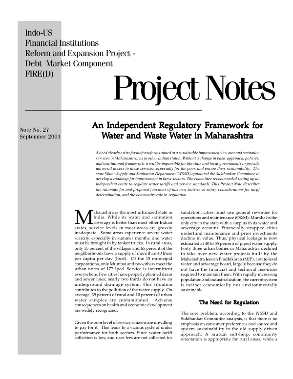 Independent regulatory framework for water and waste water in Maharashtra[, India]