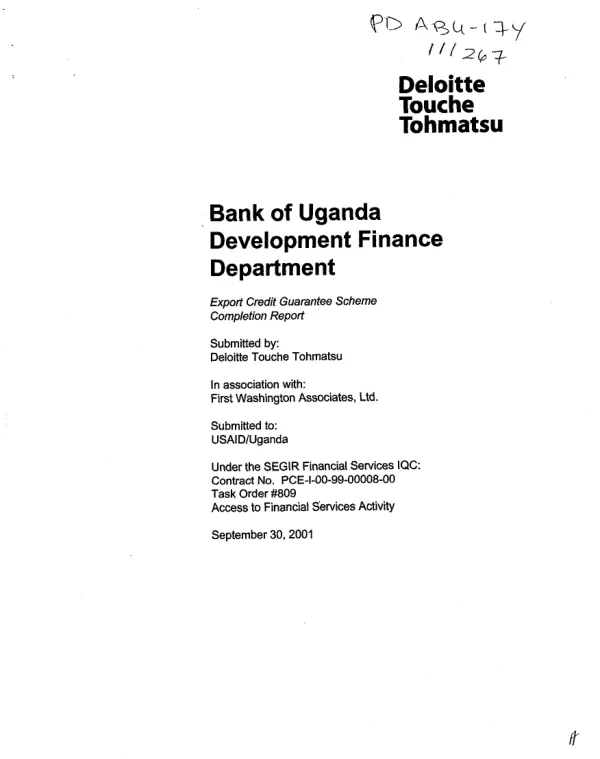 Bank of Uganda, Development Finance Department : export credit guarantee scheme -- completion report