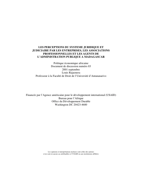 Perceptions du systeme juridique et judiciaire par les entreprises, les associations professionnelles et les agents de l"administration publique a Madagascar