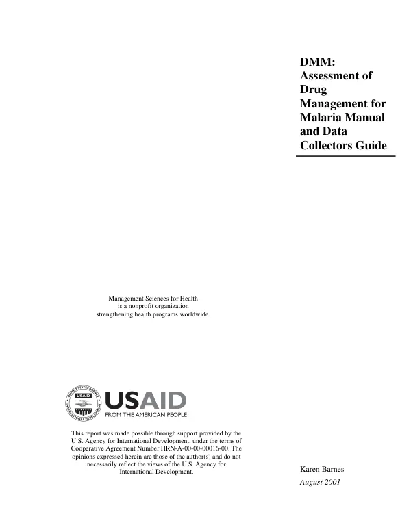DMM : assessment of drug management for malaria manual and data collectors guide