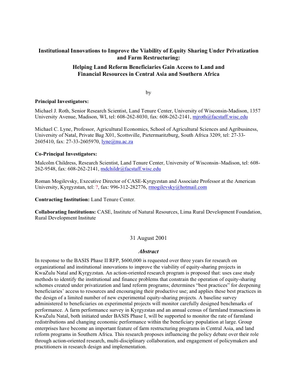 Institutional innovations to improve viability of equity sharing under privatization and farm restructuring : helping land reform beneficiaries gain access to land and financial resources in Central Asia and Southern Africa