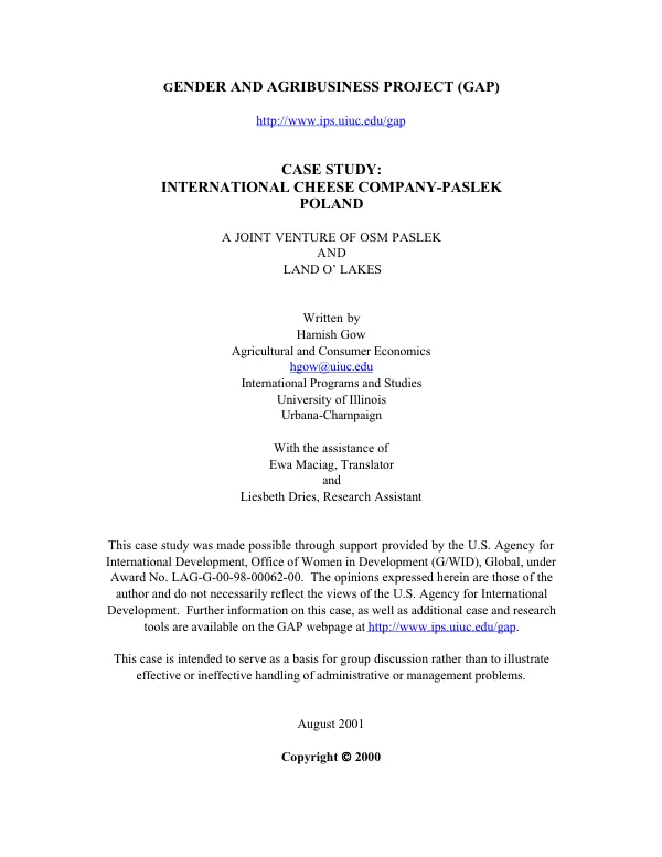 Gender and agribusiness project (GAP) : case study -- International Cheese Company-Paslek, Poland : a joint venture of OSM Paslek and Land O"Lakes