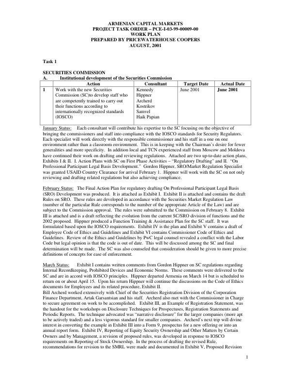 Armenian capital markets project task order -- PCE-I-03-99-00009-00 work plan