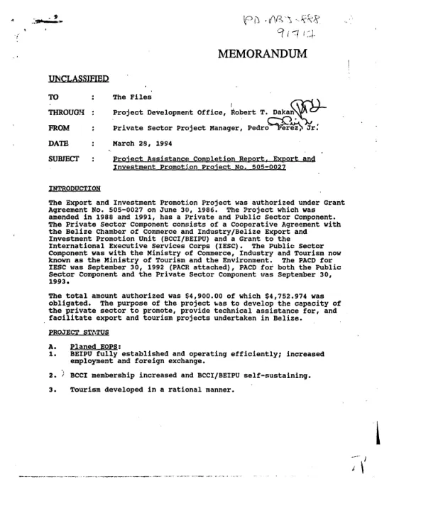 Project assistance completion report : export and investment promotion project no. 505-0027