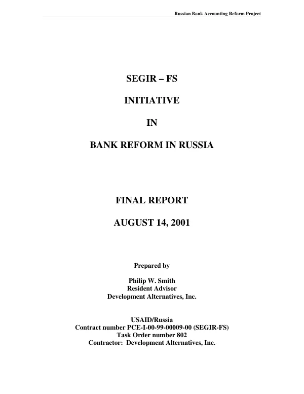 SEGIR-FS initiative in bank reform in Russia : final report