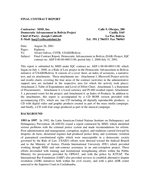 Final contract report : democratic advancement in Bolivia (DAB) : contract no. AEP-I-00-00-00013-00 -- July 1, 2000-July 31, 2001