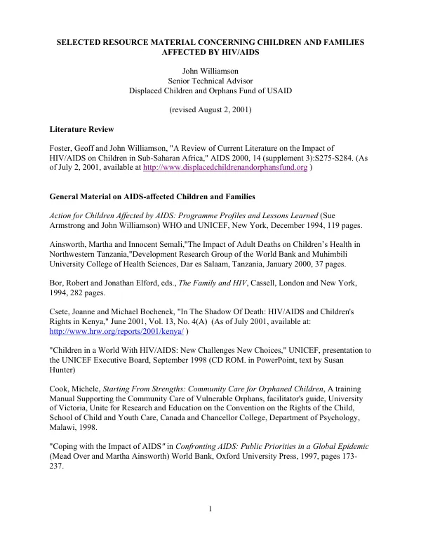 Selected resource material concerning children and families affected by HIV/AIDS