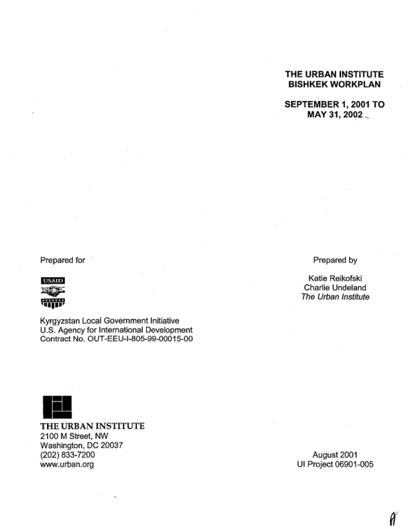 Urban Institute Bishkek workplan : September 1, 2001 to May 31, 2002