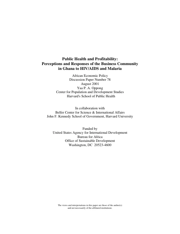 Public health and profitability : perceptions and responses of the business community in Ghana to HIV/AIDS and malaria