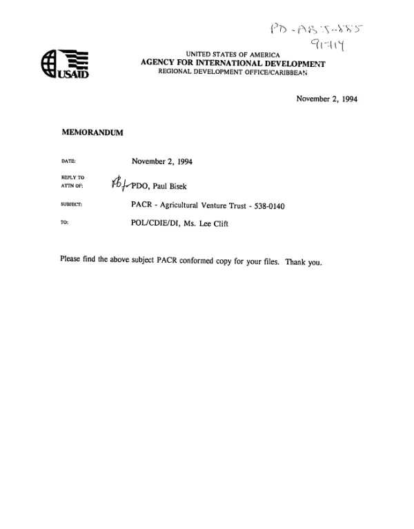 PACR [project assistance completion report] : Agricultural Venture Trust
