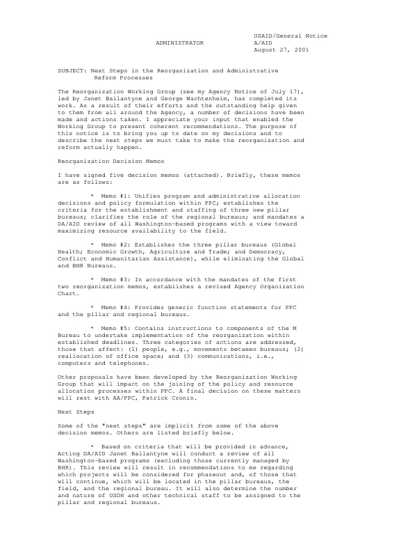 Next steps in the reorganization and administrative reform processes