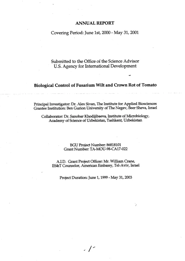 Annual report covering period June 1st, 2000-May 31, 2001 : biological control of fusarium wilt and crown rot of tomato